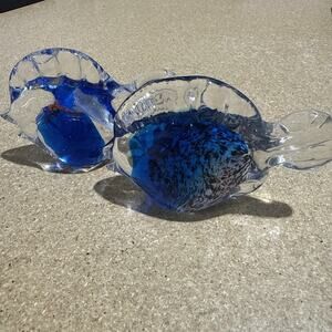 Pair MURANO STYLE ART GLASS Blue White Orange 4" FISH SCULPTURE/PAPERWEIGHT